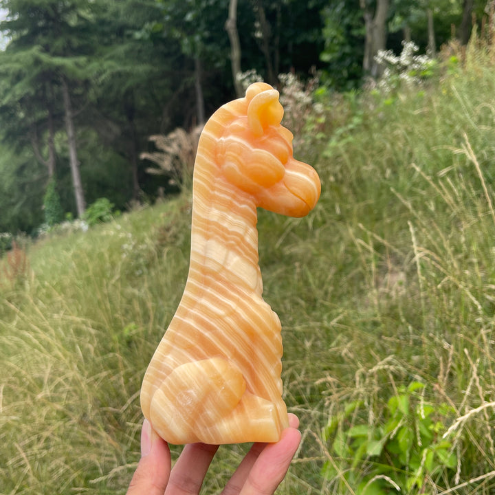 Unique,Natural Crystal Yellow Calcite Giraffe Carving