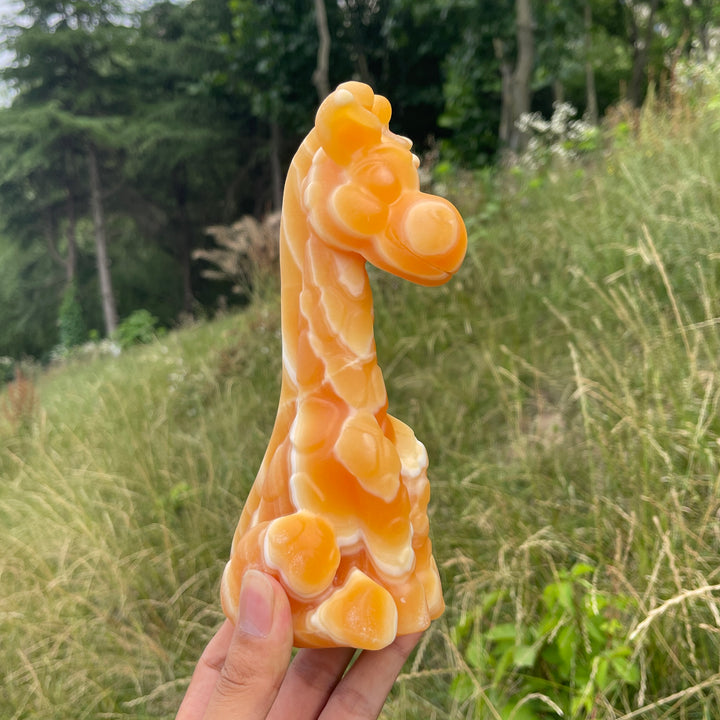 Unique,Natural Cute Yellow Calcite Sitting Giraffe Crystal Carving