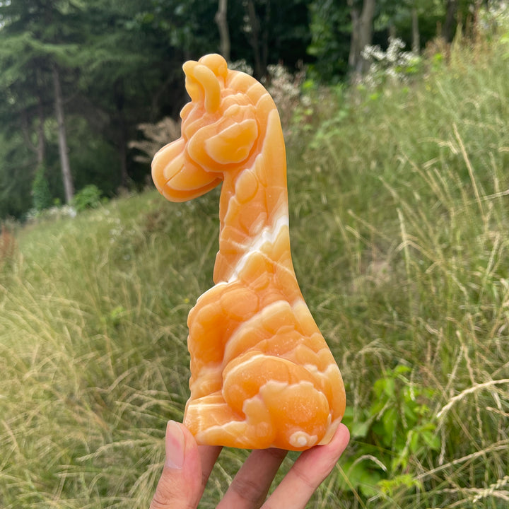 Unique,Natural Cute Yellow Calcite Sitting Giraffe Crystal Carving