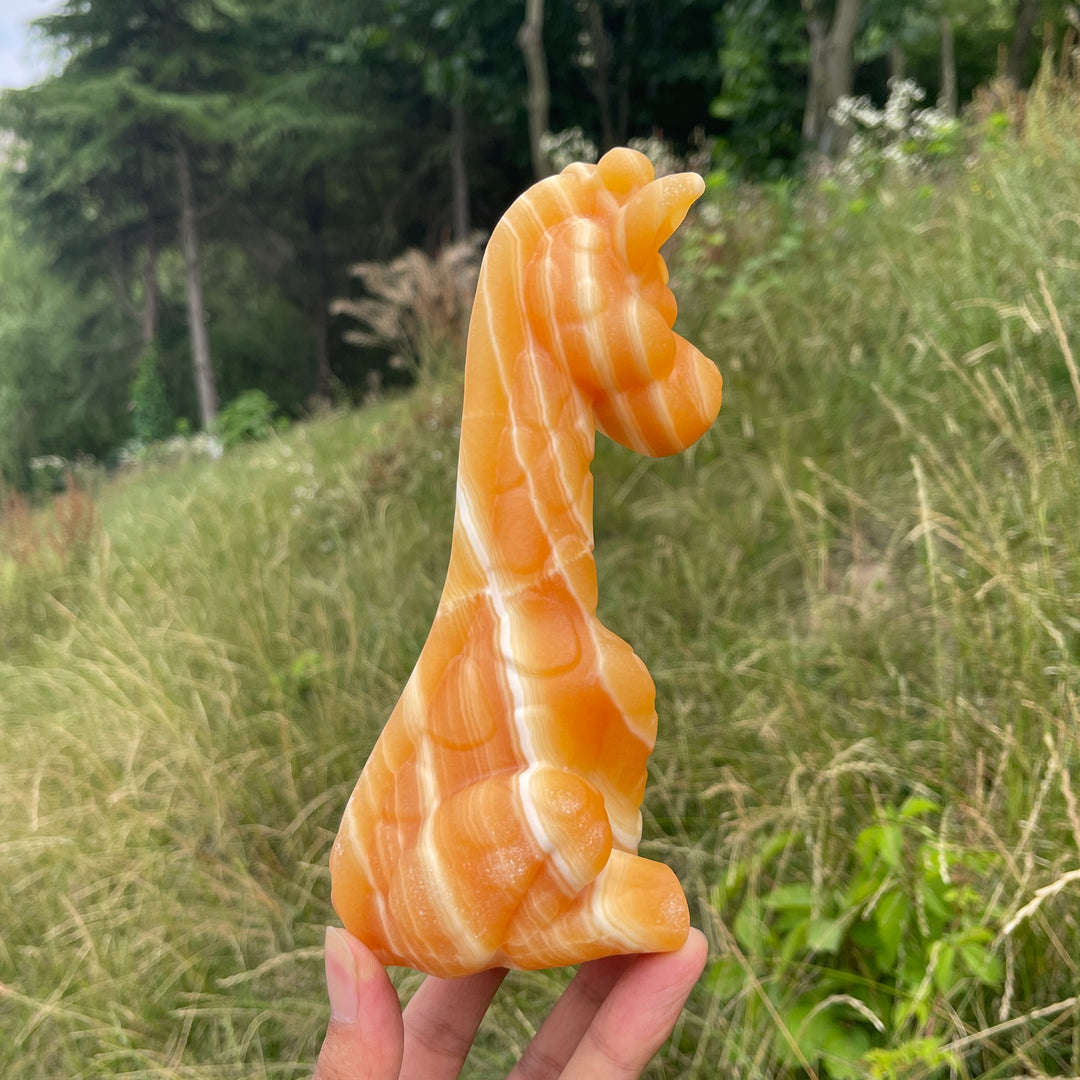 Unique,Natural Cute Yellow Calcite Sitting Giraffe Crystal Carving
