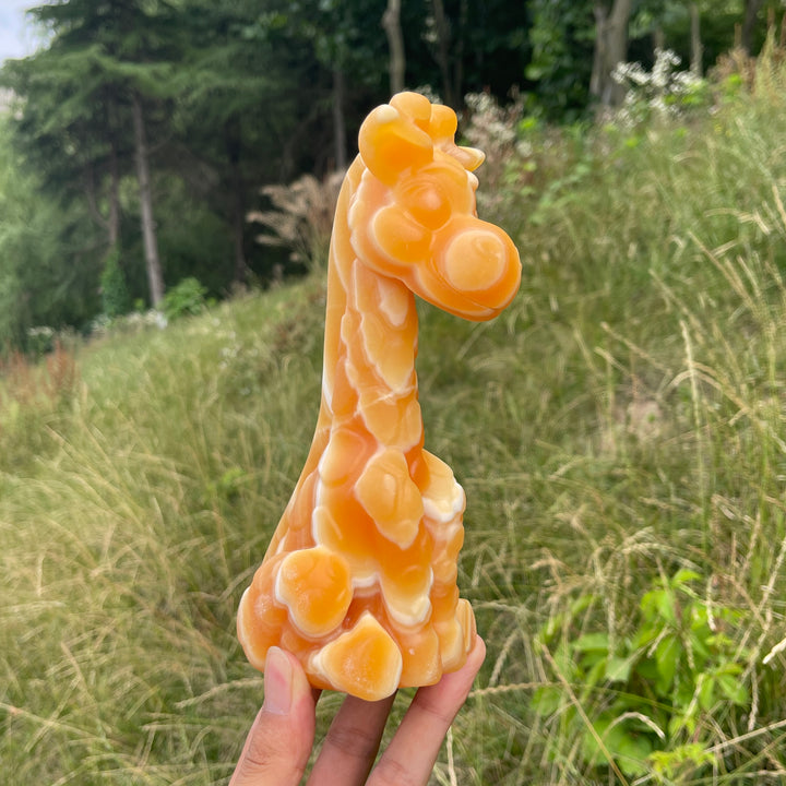 Unique,Natural Cute Yellow Calcite Sitting Giraffe Crystal Carving