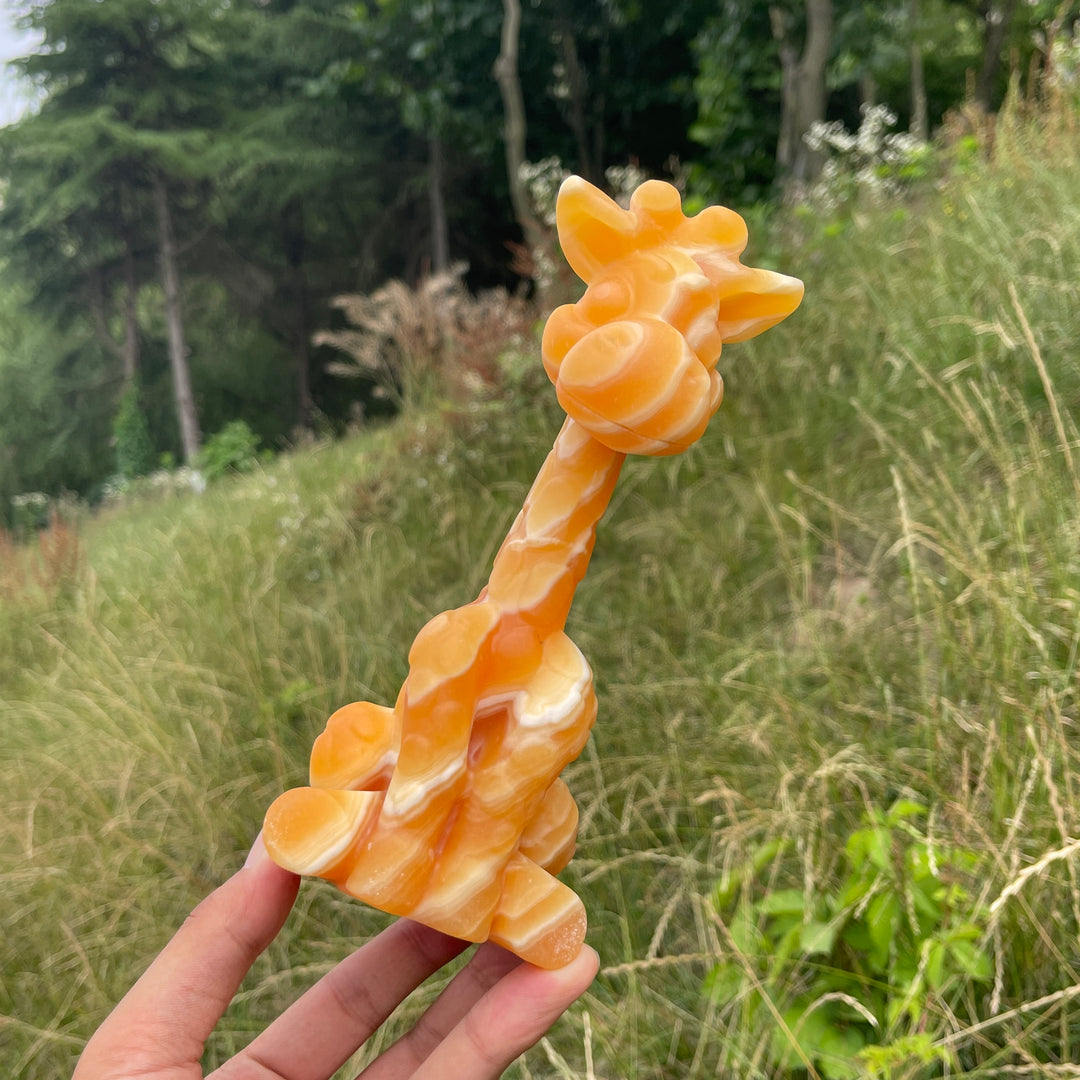 Unique,Natural Cute Yellow Calcite Sitting Giraffe Crystal Carving