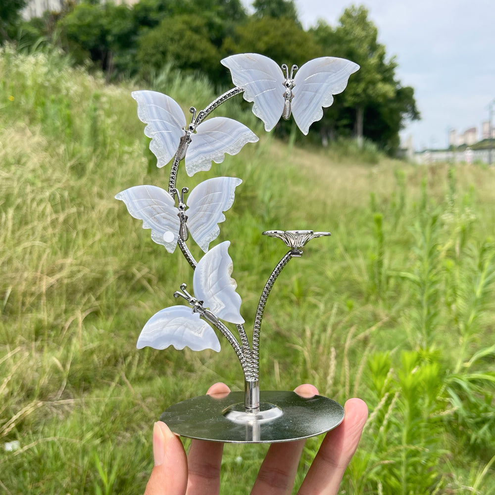 A Slightly Imperfect Natural Crystal Blue Lace Agate Butterfly Sphere Stand