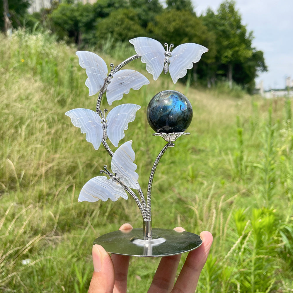 A Slightly Imperfect Natural Crystal Blue Lace Agate Butterfly Sphere Stand
