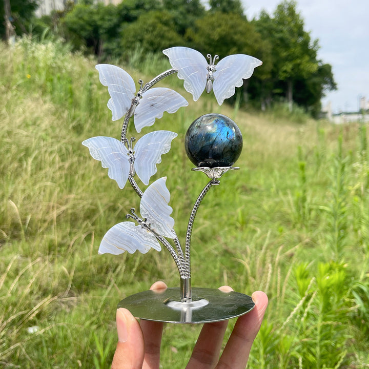 A Slightly Imperfect Natural Crystal Blue Lace Agate Butterfly Sphere Stand