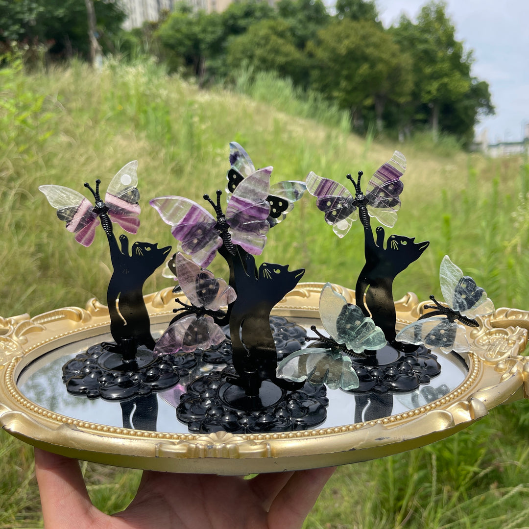A Slightly Imperfect Natural Fluorite Cat Chasing Butterfly Display Ornament