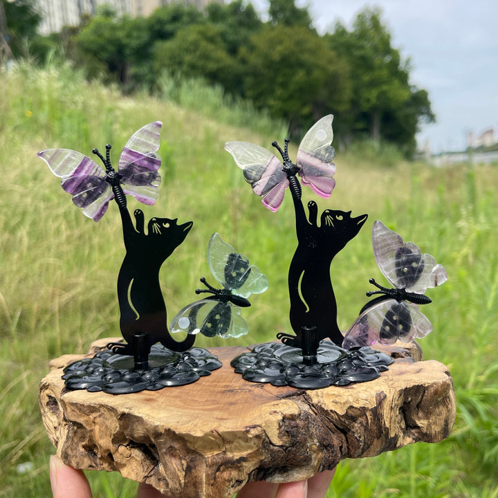 A Slightly Imperfect Natural Fluorite Cat Chasing Butterfly Display Ornament