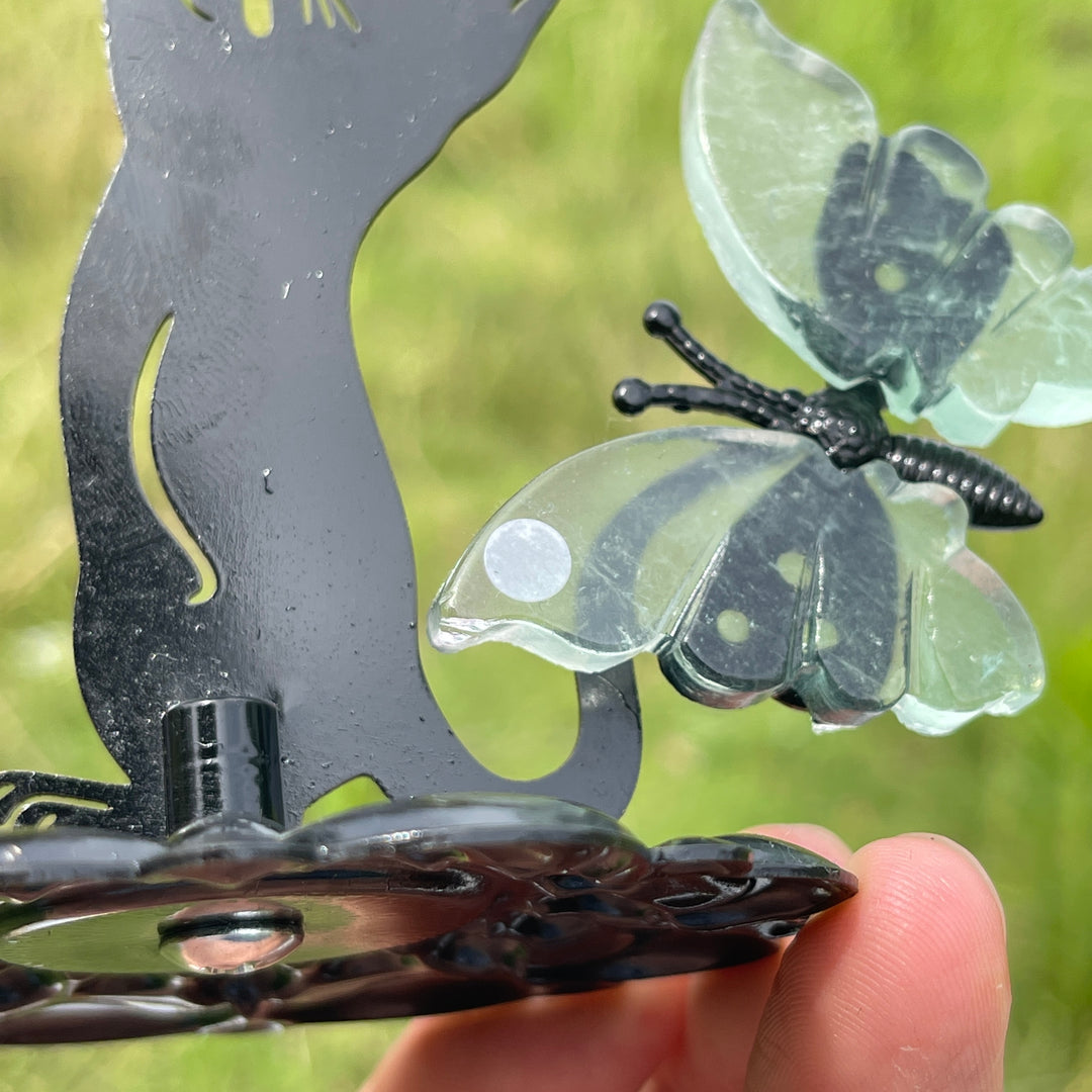 A Slightly Imperfect Natural Fluorite Cat Chasing Butterfly Display Ornament