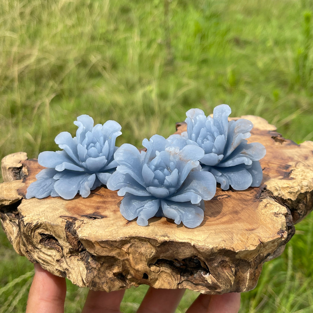 Unique,Natural Crystal Angelite Peony Flower Carving