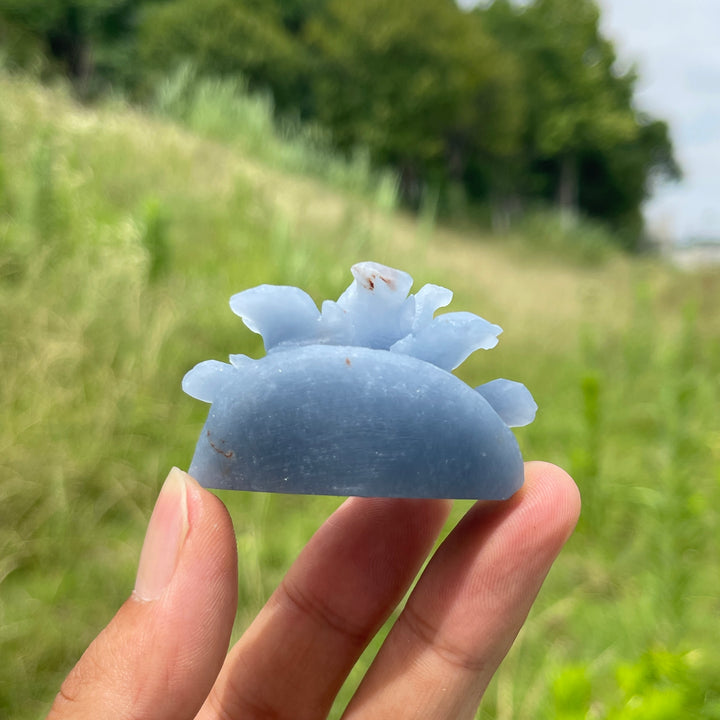Unique,Natural Crystal Angelite Peony Flower Carving
