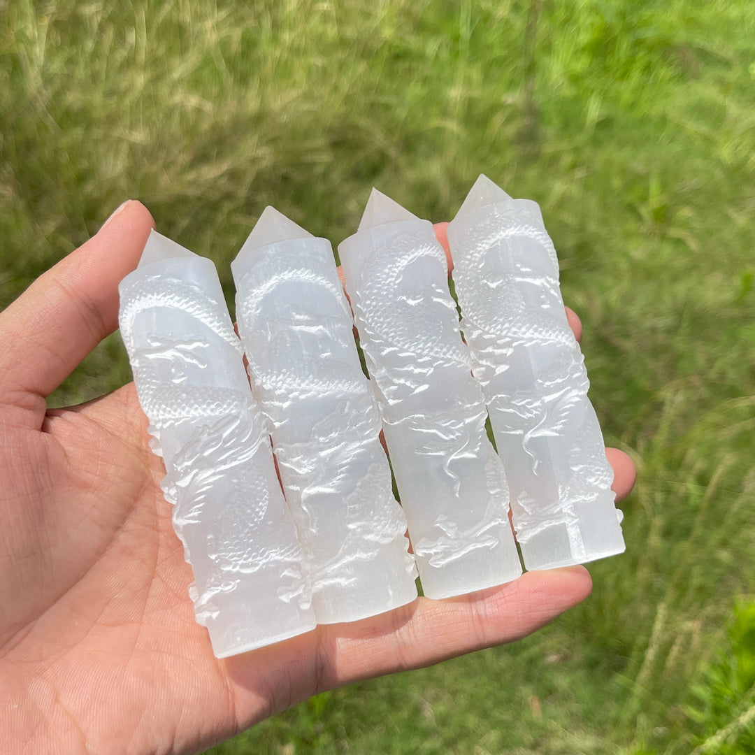 Natural Crystal Selenite Wrapped Dragon Point