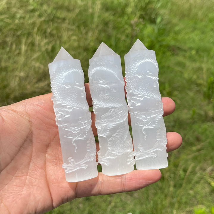 Natural Crystal Selenite Wrapped Dragon Point