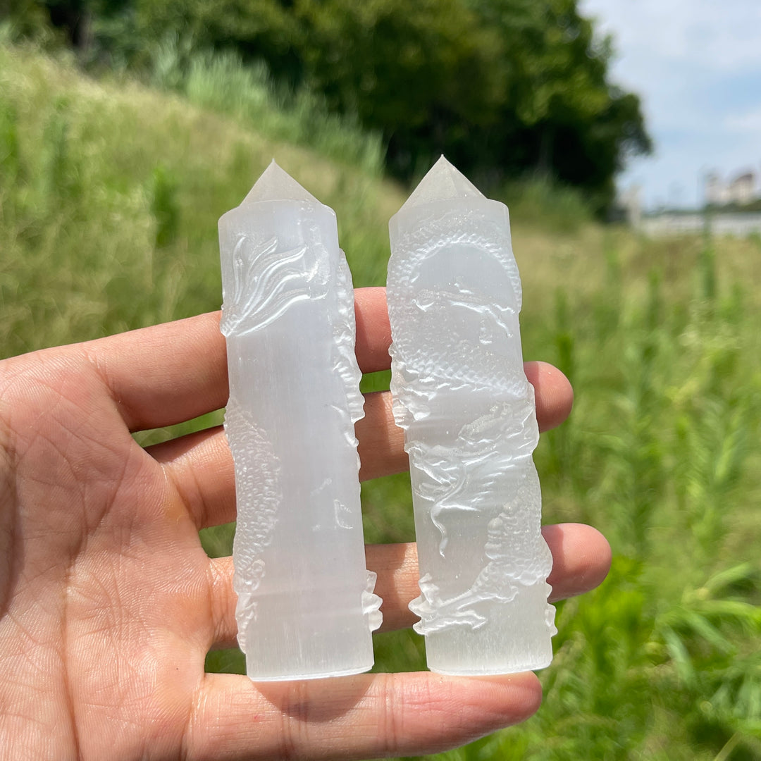Natural Crystal Selenite Wrapped Dragon Point