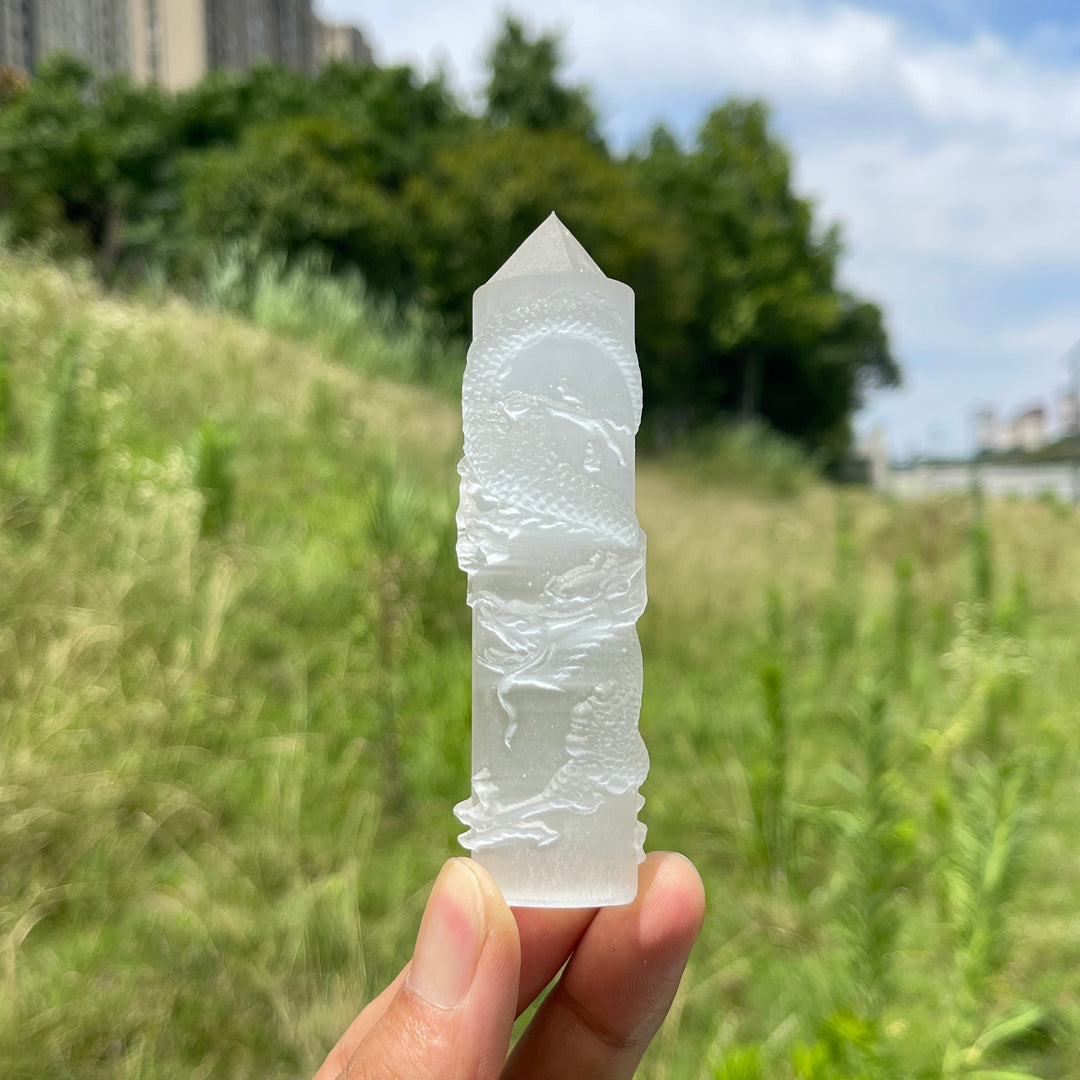 Natural Crystal Selenite Wrapped Dragon Point