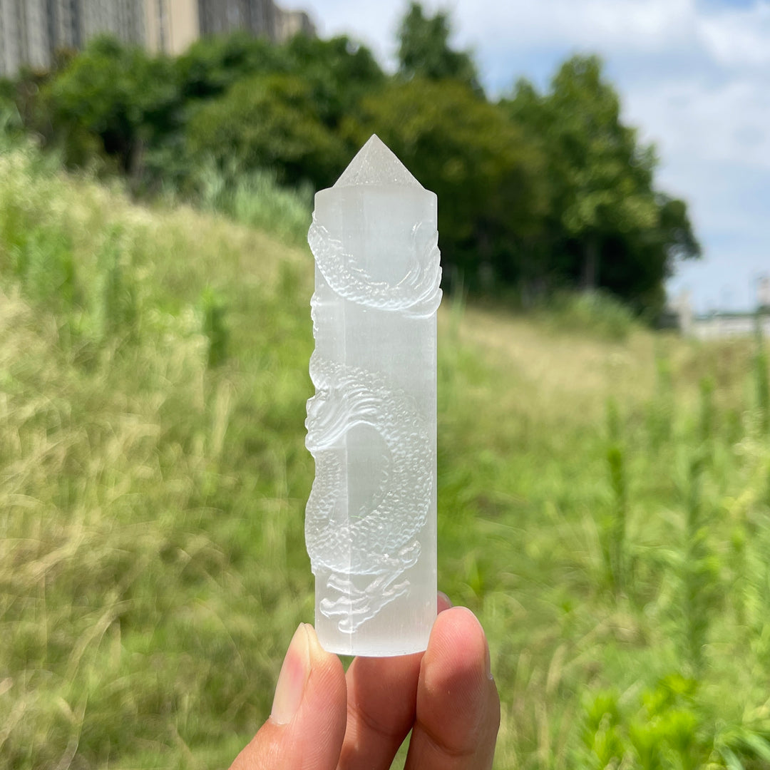 Natural Crystal Selenite Wrapped Dragon Point