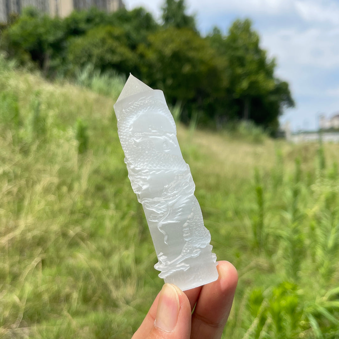Natural Crystal Selenite Wrapped Dragon Point