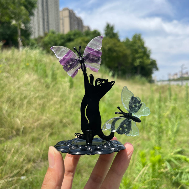 A Slightly Imperfect Natural Fluorite Cat Chasing Butterfly Display Ornament