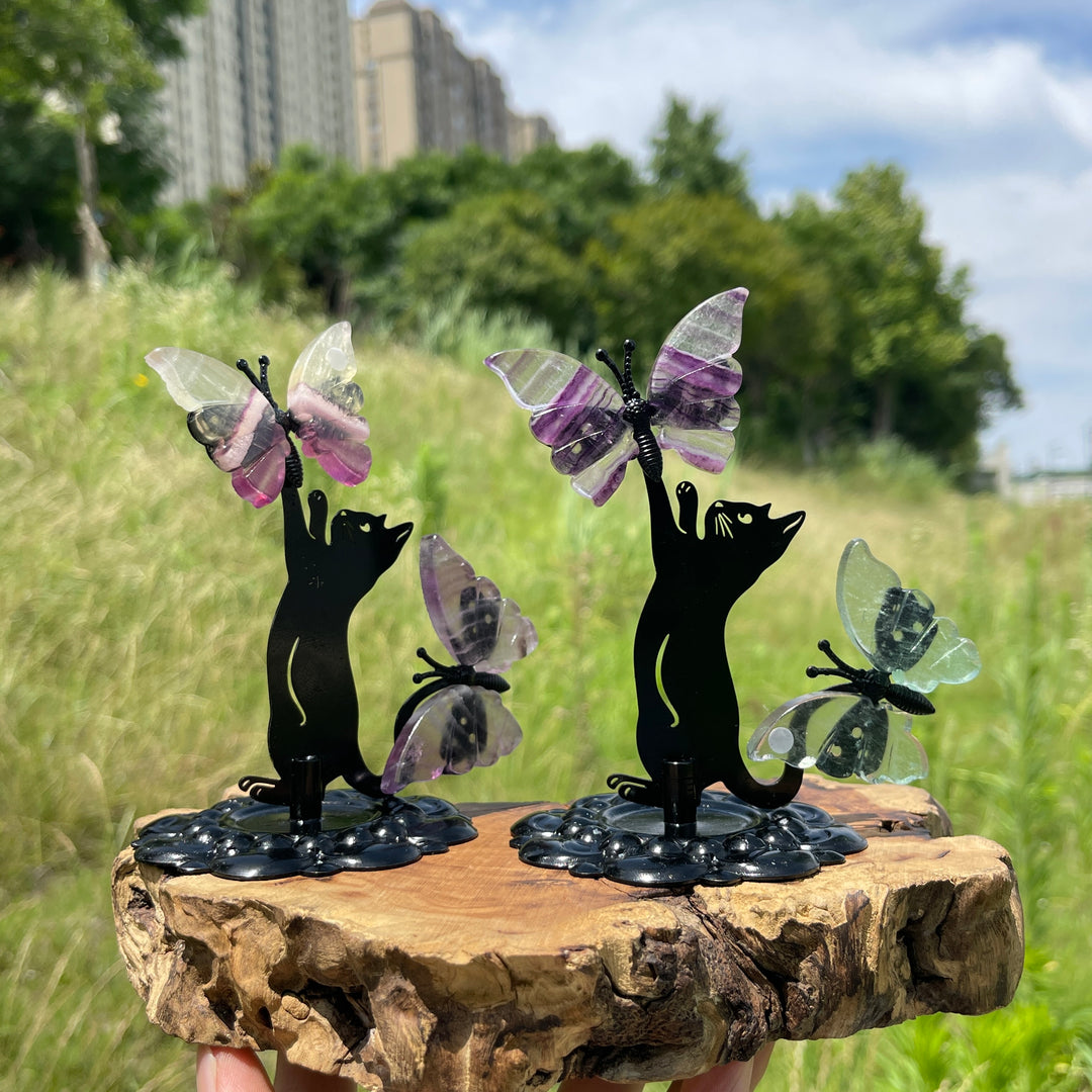 A Slightly Imperfect Natural Fluorite Cat Chasing Butterfly Display Ornament