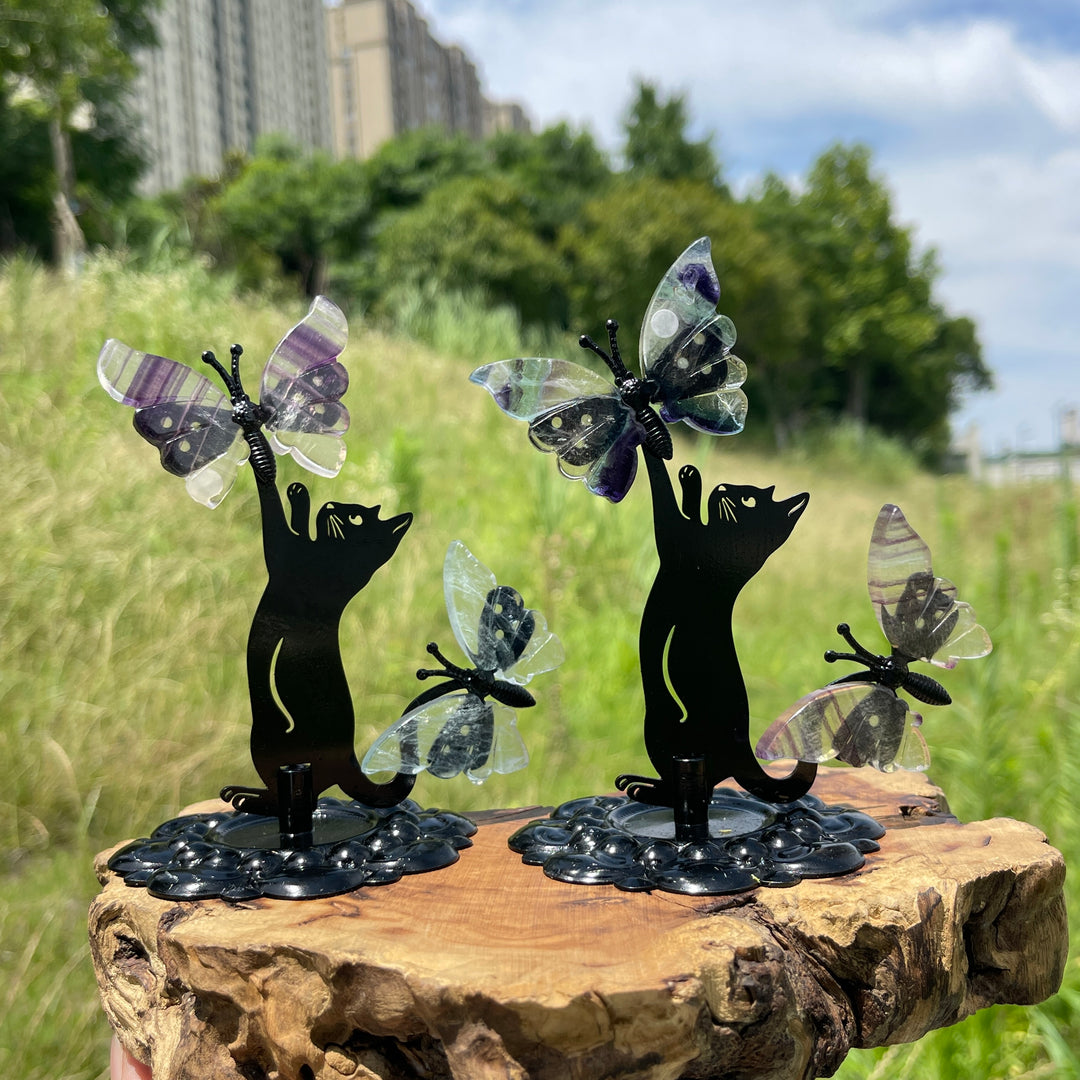 A Slightly Imperfect Natural Fluorite Cat Chasing Butterfly Display Ornament