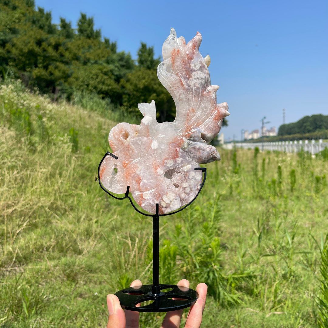 Unique,A Slightly Imperfect Natural Pink Amethyst Nine-Tailed Fox Carving With Stand