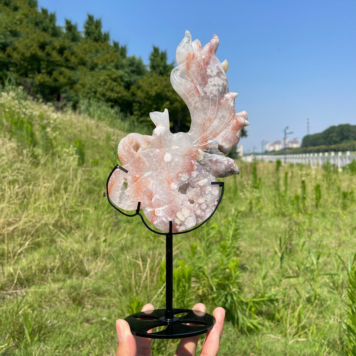 Unique,A Slightly Imperfect Natural Pink Amethyst Nine-Tailed Fox Carving With Stand