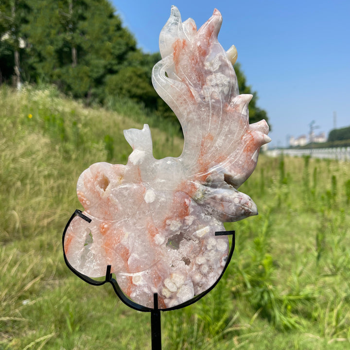 Unique,A Slightly Imperfect Natural Pink Amethyst Nine-Tailed Fox Carving With Stand