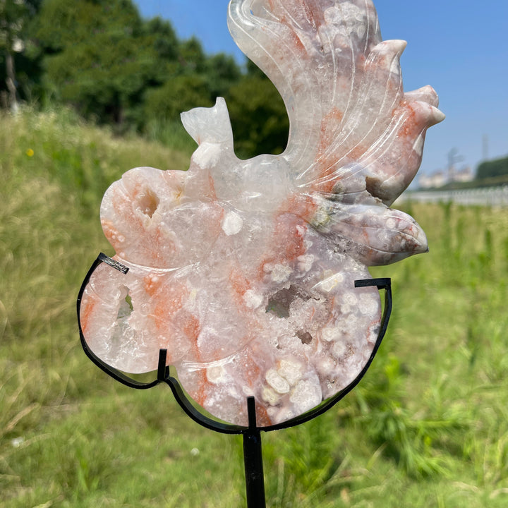 Unique,A Slightly Imperfect Natural Pink Amethyst Nine-Tailed Fox Carving With Stand