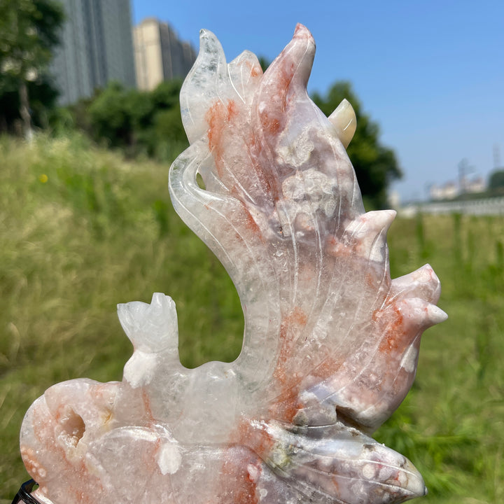 Unique,A Slightly Imperfect Natural Pink Amethyst Nine-Tailed Fox Carving With Stand