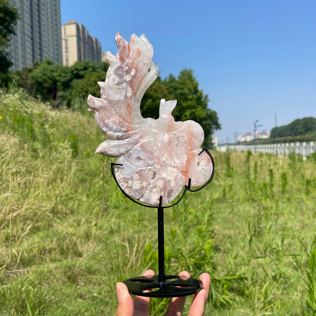 Unique,A Slightly Imperfect Natural Pink Amethyst Nine-Tailed Fox Carving With Stand