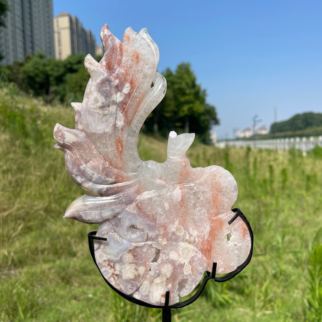 Unique,A Slightly Imperfect Natural Pink Amethyst Nine-Tailed Fox Carving With Stand
