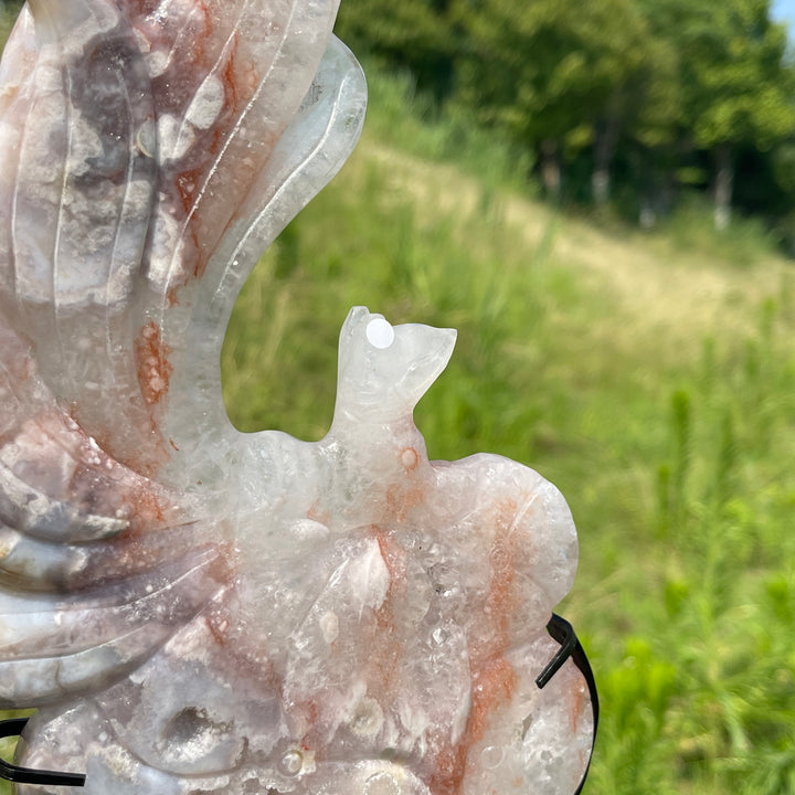 Unique,A Slightly Imperfect Natural Pink Amethyst Nine-Tailed Fox Carving With Stand