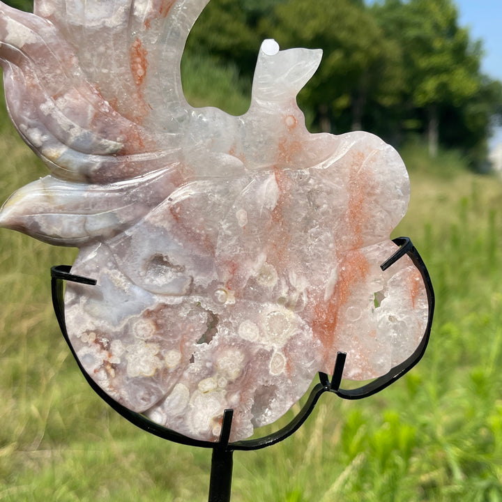 Unique,A Slightly Imperfect Natural Pink Amethyst Nine-Tailed Fox Carving With Stand