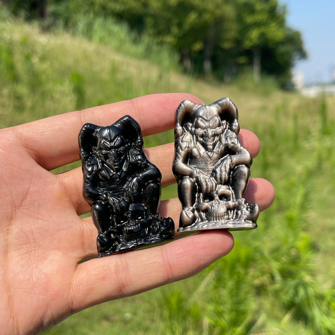 Natural Crystal Silver Obsidian Skull Clown Carving