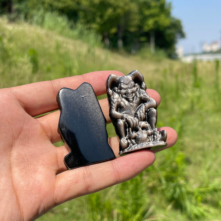 Natural Crystal Silver Obsidian Skull Clown Carving