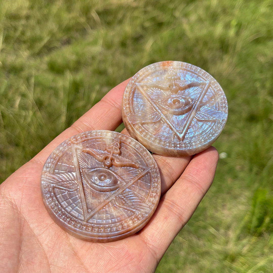 Natural Crystal Sunstone Moonstone All-Seeing Eye Disc Carving