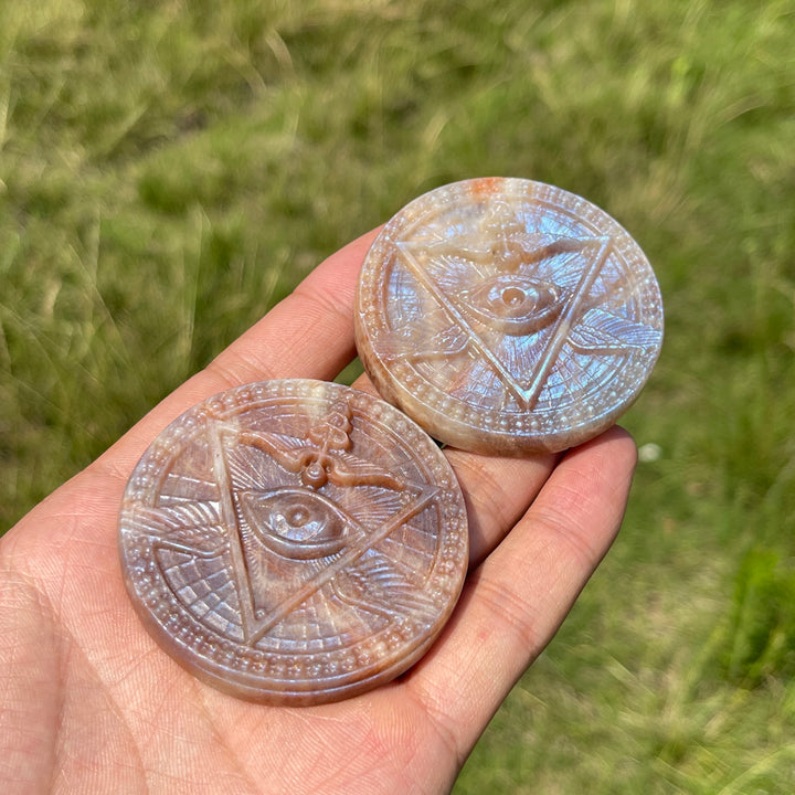Natural Crystal Sunstone Moonstone All-Seeing Eye Disc Carving
