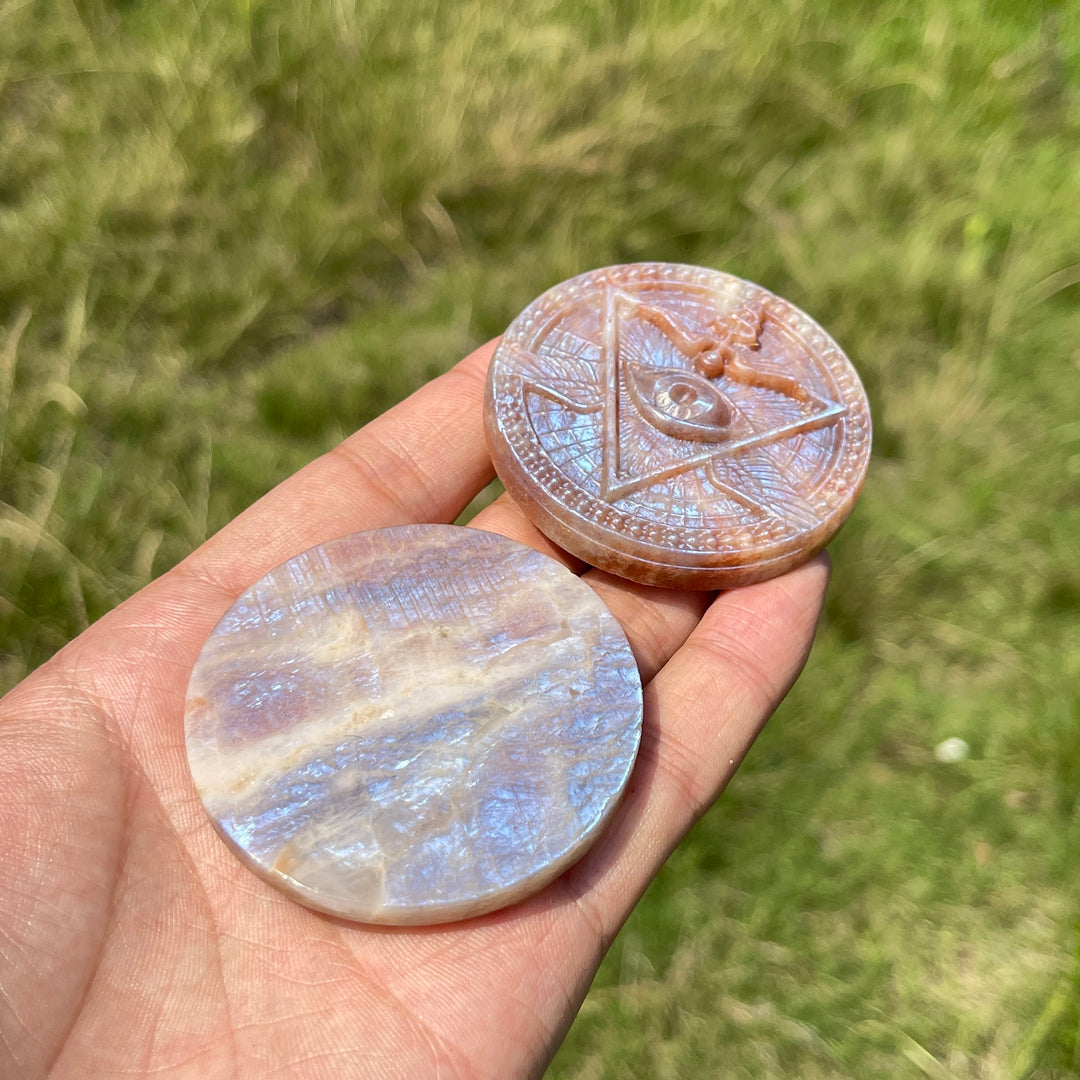 Natural Crystal Sunstone Moonstone All-Seeing Eye Disc Carving