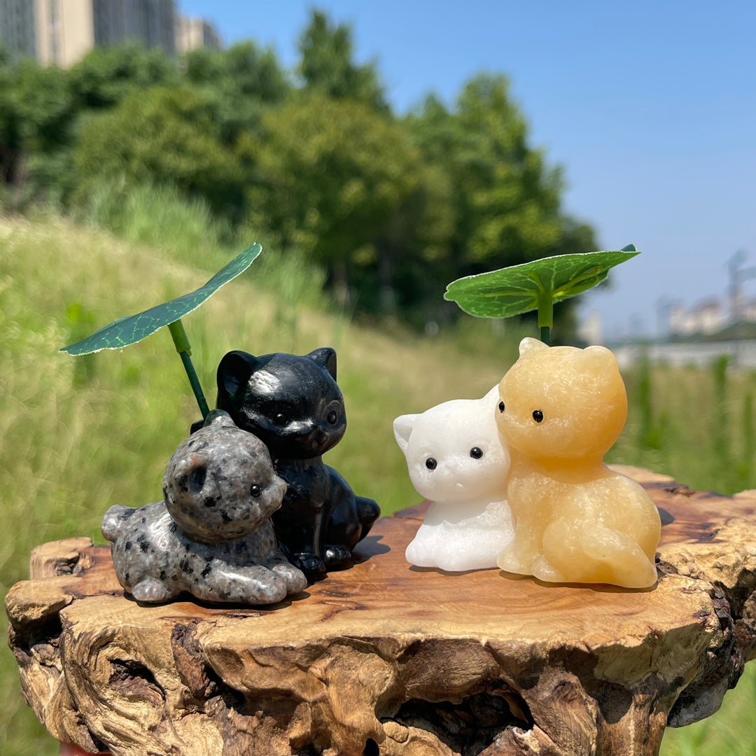 Natural Crystal Bonded Couple Cat Carving