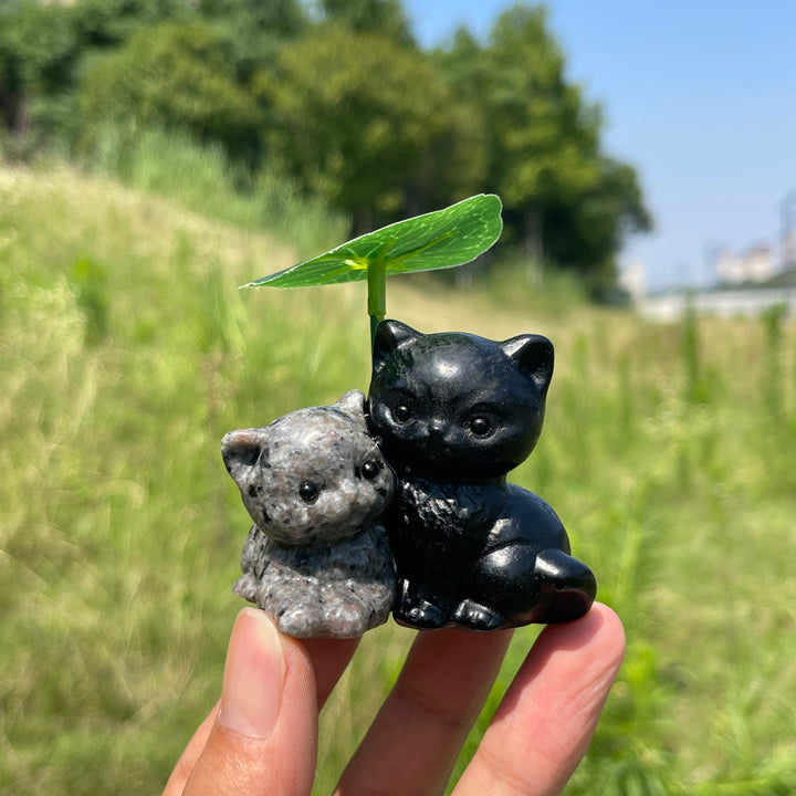 Natural Crystal Bonded Couple Cat Carving