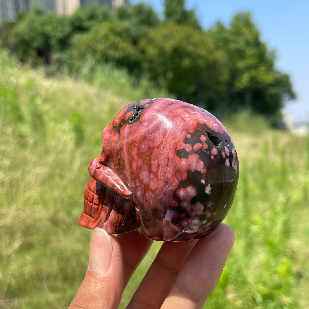 Unique,Natural Crystal Vibrant Ocean Jasper Skull Carving