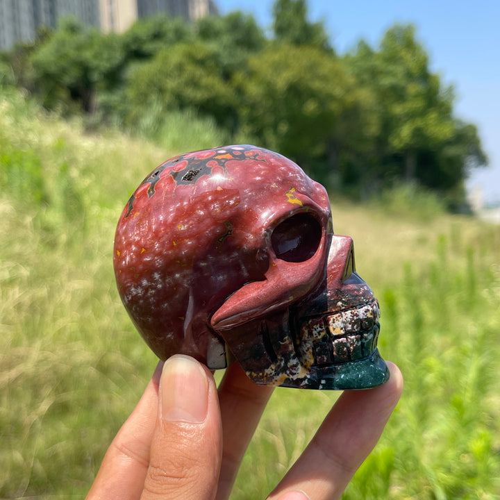 Unique,Natural Crystal Vibrant Ocean Jasper Skull Carving