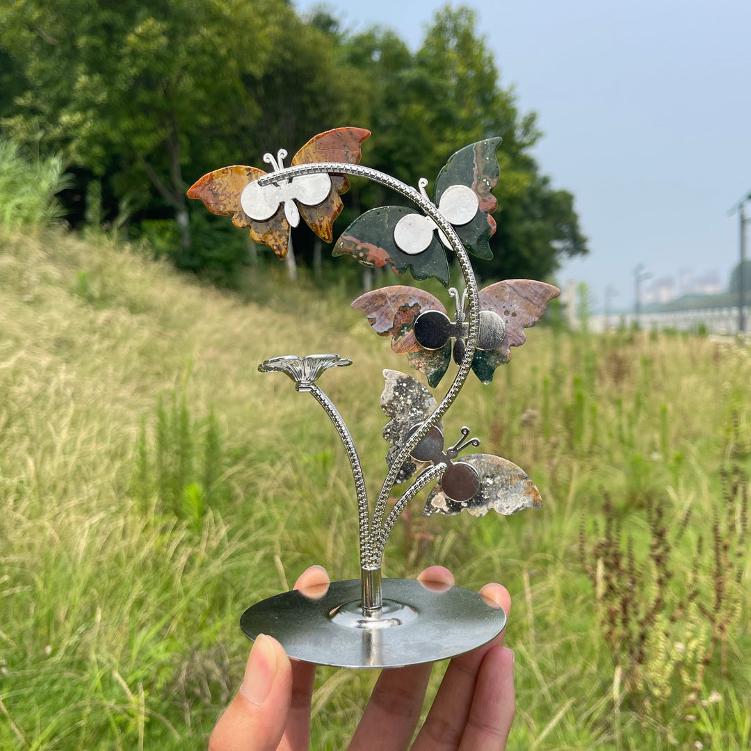 Natural Crystal Ocean Jasper Butterfly Sphere Stand