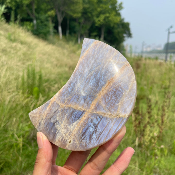 Unique,Natural Crystal Moonstone Moon With Stand
