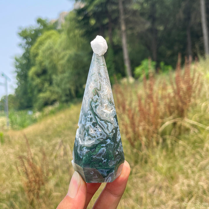 Unique,Natural Moss Agate Diamond Tower Crystal