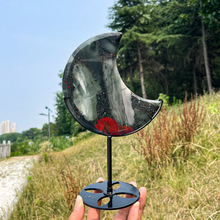 Unique,Natural Crystal African Bloodstone Moon With Stand