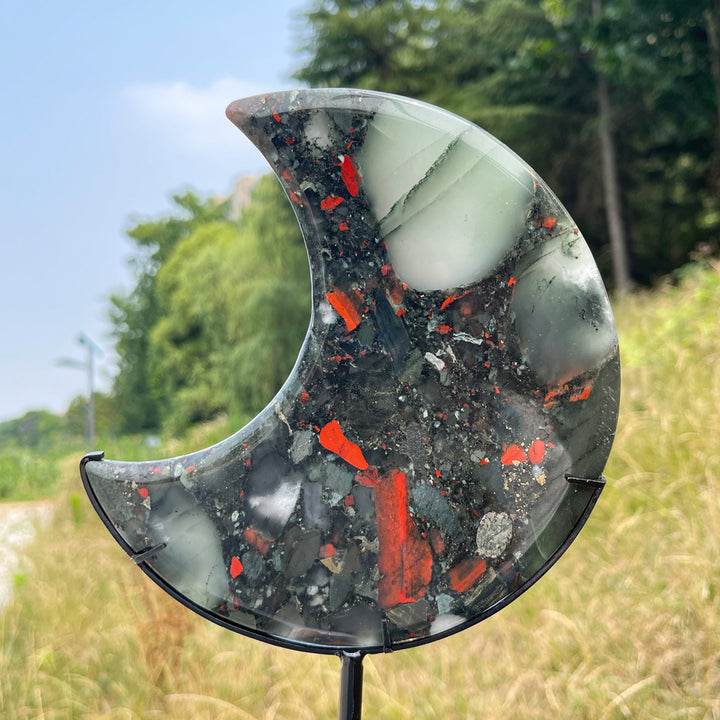 Unique,Natural Crystal African Bloodstone Moon With Stand