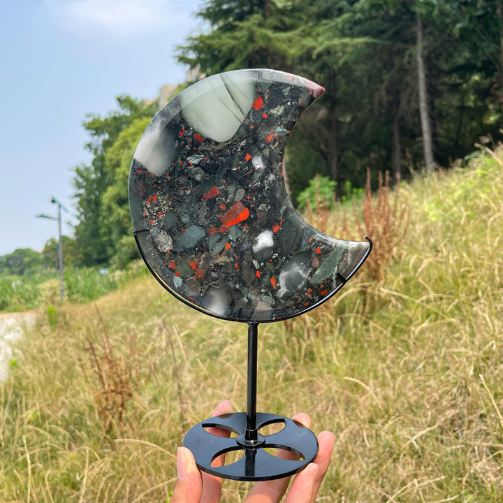 Unique,Natural Crystal African Bloodstone Moon With Stand