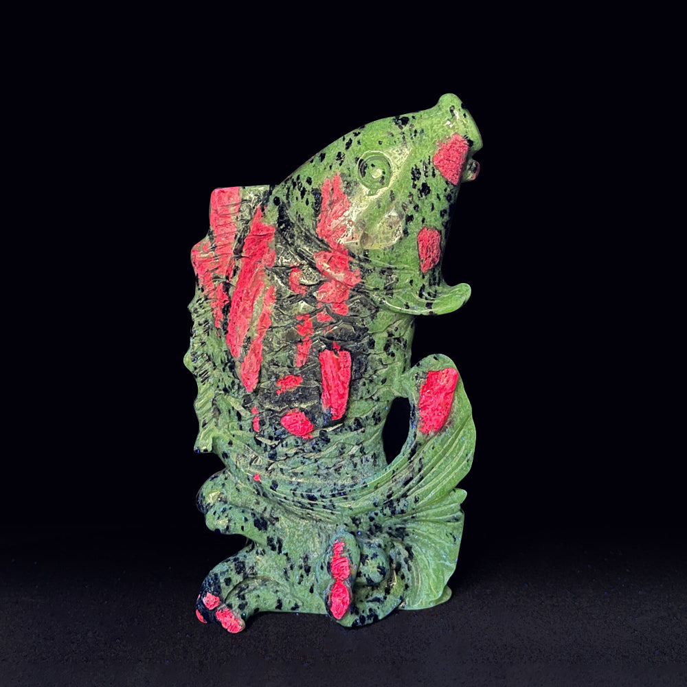 Unique,Natural Crystal Ruby In Zoisite Koi Fish Carving