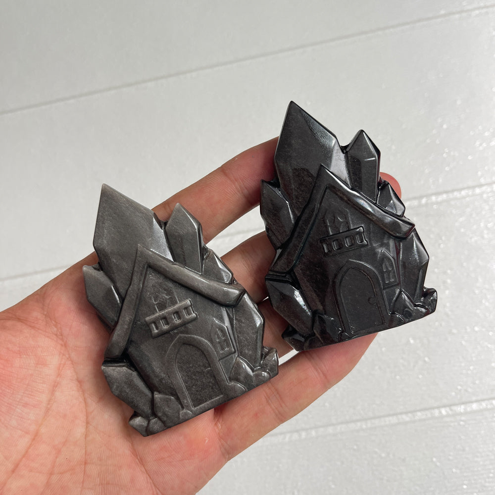 Natural Crystal Silver Obsidian House Carving