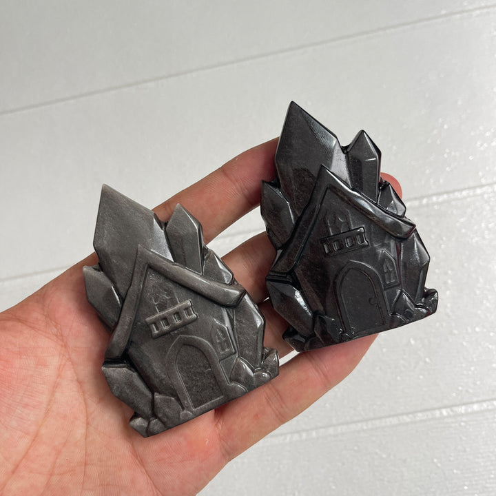 Natural Crystal Silver Obsidian House Carving